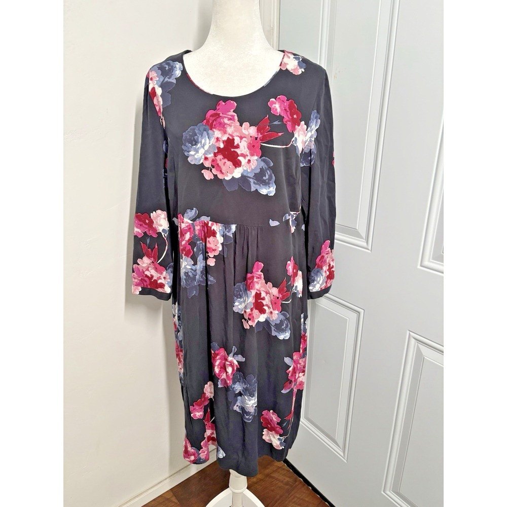 Joules Dress Womens 10 Black Alison Floral Drop Waist Pockets Long Sleeve